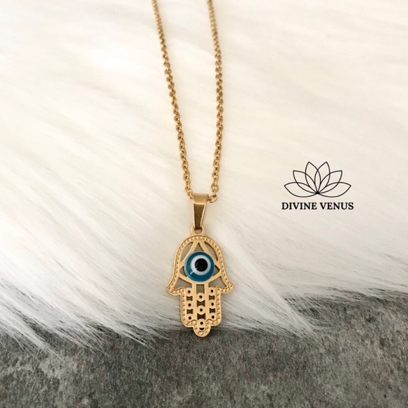 Evil Eye Hamsa Necklace | Gold Plated Stainless Steel | Handmade - Picture 3 of 7